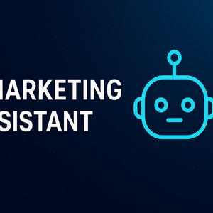 Könnte beinhalten: Digitalgrafik auf dunkelblauem Hintergrund. Der Text "AI MARKETING ASSISTANT" ist in weißer, fetter Schrift. Eine blaue Umrisszeichnung eines Roboterkopfes befindet sich auf der rechten Seite des Bildes.