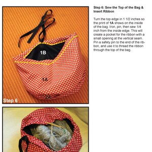 May include: Step 6 of a sewing project to make a bag. The image shows a red bag with white polka dots. The top edge of the bag is turned under and pinned in place. The text "1A" is written on the bag. The text "Step 6" is written below the image.