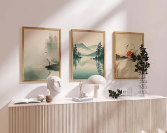 Japanese Nature Wall Art Set of 3 – Minimalist Landscape Prints, Zen Mountain Lake Decor, Oriental Sunrise Artwork, Neutral Home Aesthetic