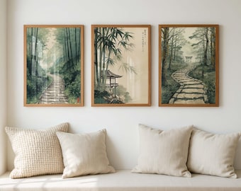 Japanese Forest Path Wall Art Set of 3 – Bamboo Trail Decor, Zen Nature Landscape Japandi Print, Asian Minimalist Home Decor Unframed Poster