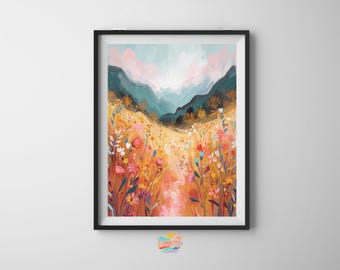 May include: A framed art print featuring a colorful landscape painting. The artwork depicts a field of wildflowers in shades of orange, pink, and yellow, with mountains in the background. The sky is a mix of blue and pink.