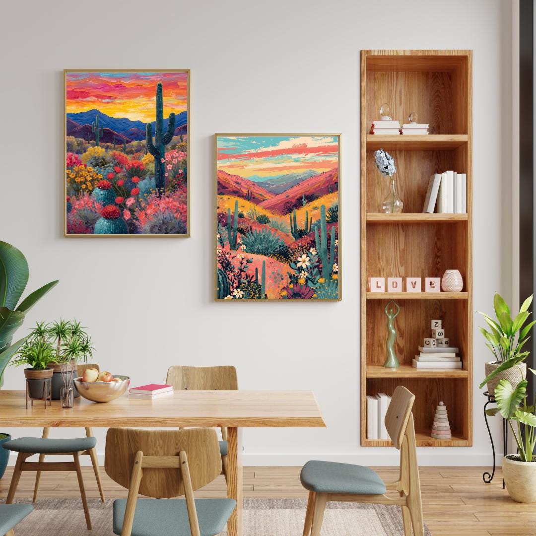Cactus Colorful Floral Wall Art Print, Desert Landscape Poster, Boho ...