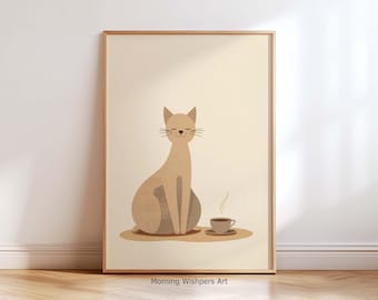 Minimalistisk väggkonst med katt – Söt kaffekattposter, kattkaffeposter, caféposterkonst