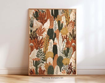 Earthy Botanical Desert Cactus Wall Art Print, Terracotta Plant Poster Modern Minimalist Wall Decor for Living Room, Neutral Artwork