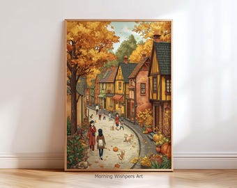 Kunst Herbst Dorfstraße - Herbst Cottagecore Dekor, warme rustikale Landschaft Illustration Wanddekoration Geschenk