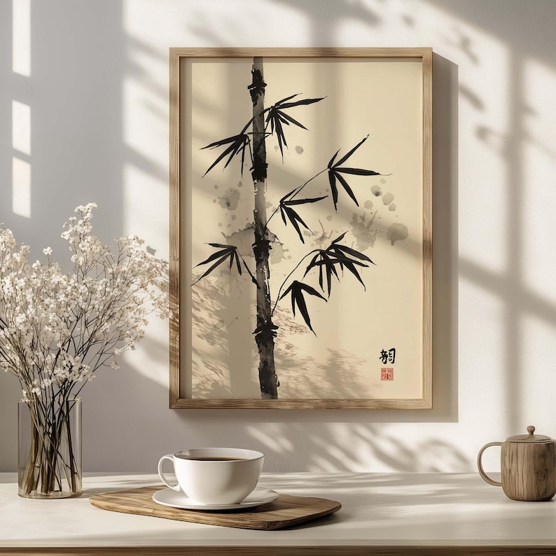 Bamboo Sumi-e Wall Art Print Japanese Ink Painting | Zen Minimalist ...