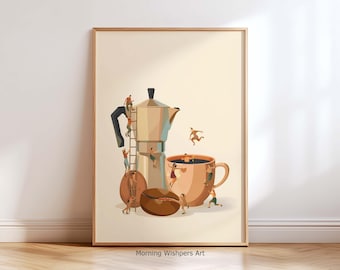 Cute Tiny People Coffee Wall Art | Artistic Coffee Poster | Modern Kitchen Decor | Printable Coffee Illustration