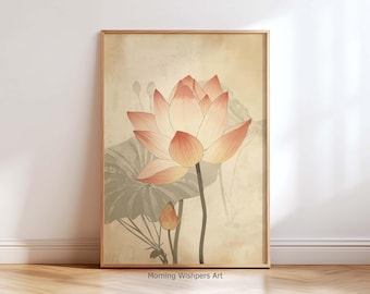 Lotus Flower Japanese Wall Art Print, Minimalist Botanical Poster, Zen Nature Artwork, Japanese Art Poster, Japanese Home Decor