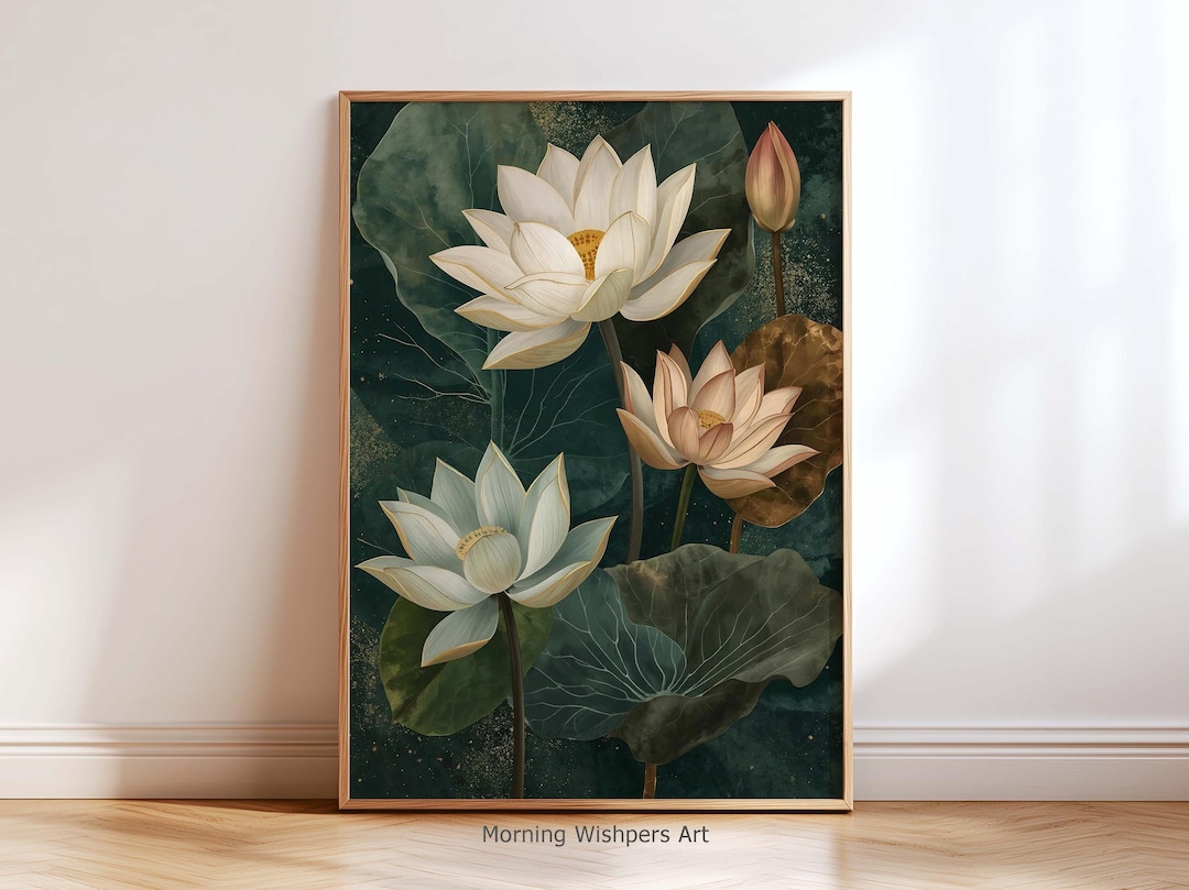 Lotus Botanical Wall Art Print – Floral Poster Green Dark, Elegant ...