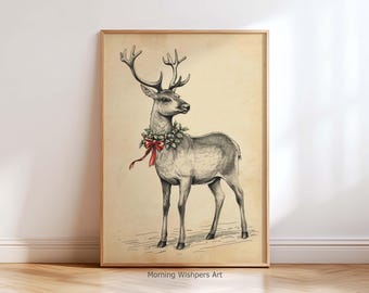 Rustik julkonst med renar, vintagehjorttryck, bondgårdsdekoration, antik vinterdjursillustration