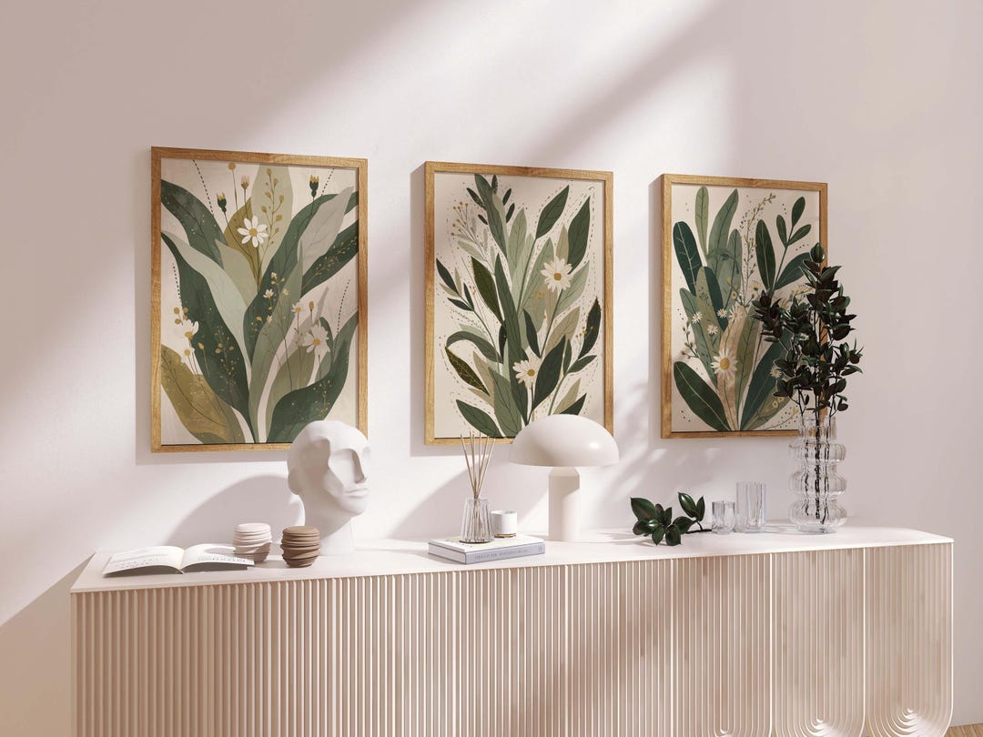 Botanical Wall Art Set of 3 – Modern Green Leaf & Floral Prints for ...