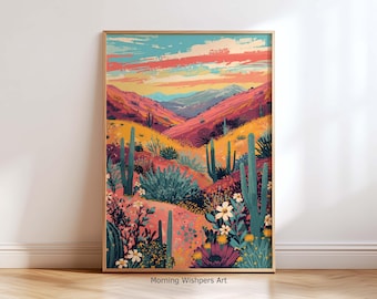 Kaktus Bunte Blumen Wand Kunst Druck, Wüstenlandschaft Poster, Boho Sonnenuntergang Gemälde, Südwesten Dekoration Geschenkidee