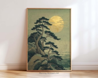 Pine Tree Japanese Wall Art, Japanese Vintage Print, Full Moon Mountain Japanese Decor, Asian Minimalist Artwork, Wabi Sabi Nature Poster