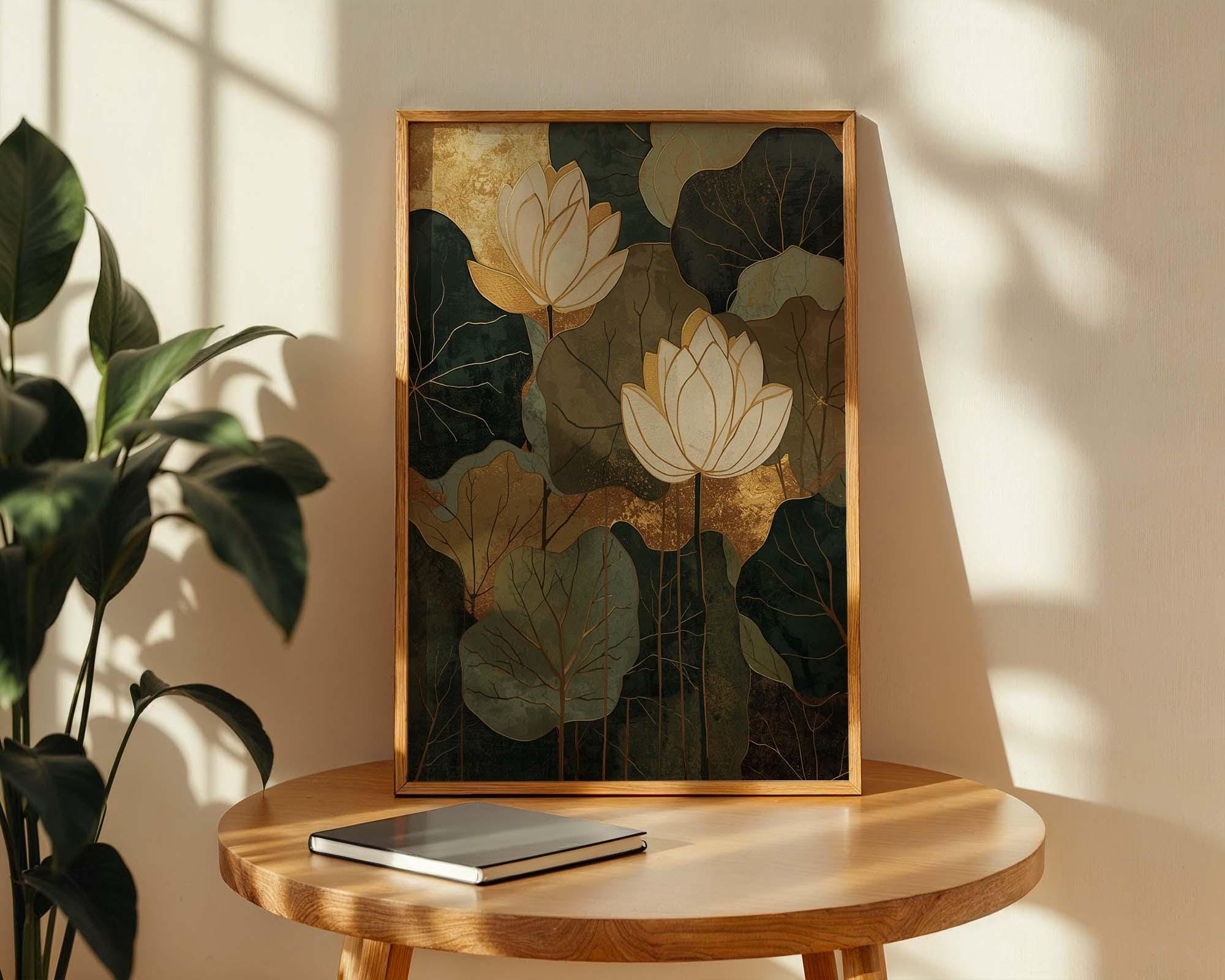 Golden Lotus Flower Wall Art Print, Modern Botanical Lotus Art Painting ...
