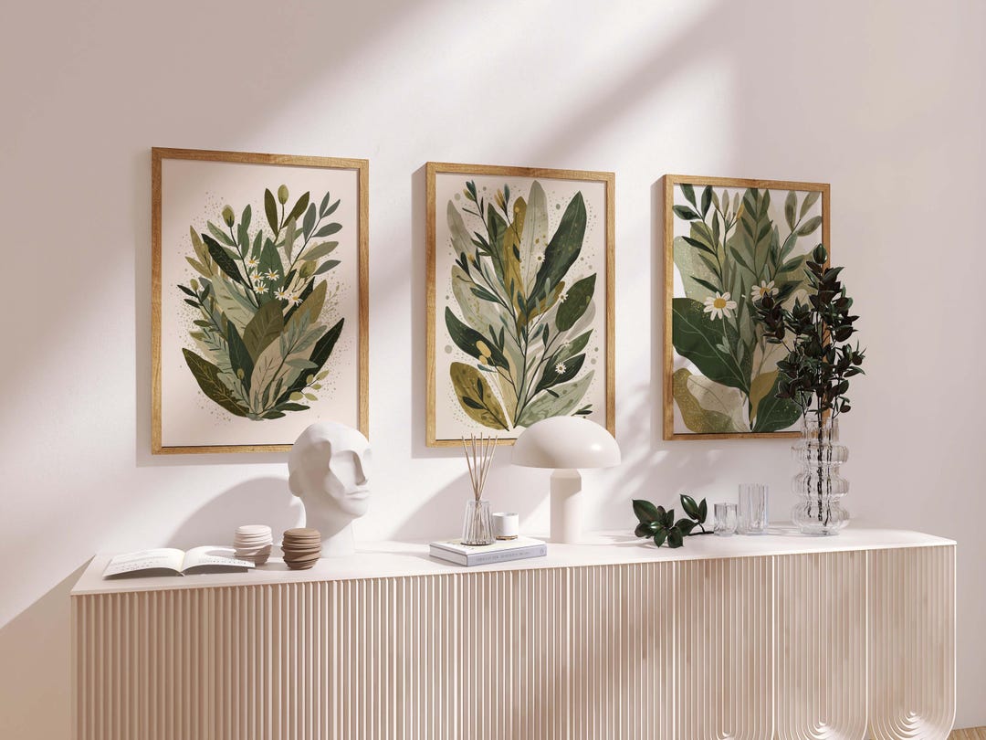 Botanical Wall Art Set of 3 – Neutral Green Leaf Prints, Minimalist ...
