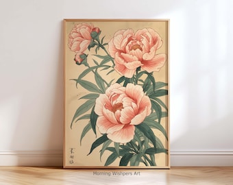 Japanese Peony Wall Art Print – Vintage Ukiyo-e Botanical Decor, Traditional Japanese Flower Artwork, Oriental Floral Home Decor Poster