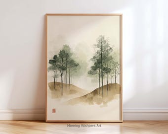 Japandi Wall Art Print – Minimalist Watercolor Forest Landscape, Neutral Nature Decor, Scandinavian Zen Artwork for Living Room
