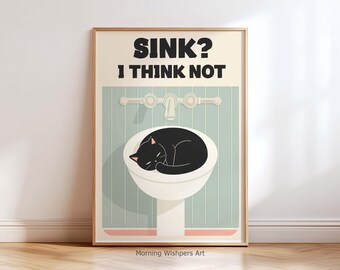 Grappige zwarte kat kunst aan de muur – poster schattige kat in gootsteen, minimalistische kattenprint, badkamerdecor, cadeau kattenliefhebber, grillige kat illustratie