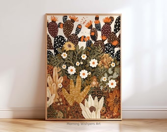Boho Floral Wall Art Print, Desert Botanical Poster, Warm Earth Tone Cactus Art, Modern Nature Print for Living Room Decor
