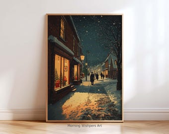 Lámina decorativa vintage navideña de una calle invernal / Cuadro de un acogedor pueblo con decoración navideña / Regalo de decoración navideña escandinava