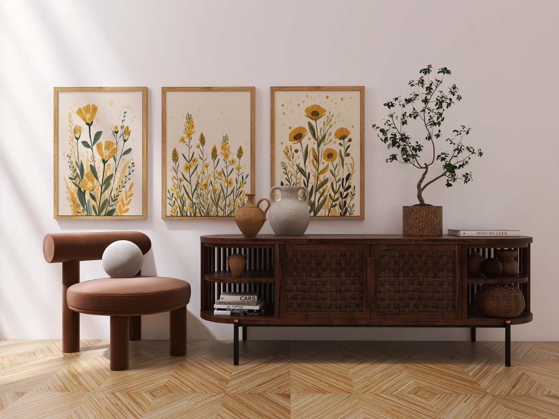 Botanical Wall Art Set of 3 | Yellow Floral Prints, Modern Minimalist ...