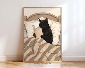 Cat Reading Wall Art Print – Black Cat Book Lover Poster, Cozy Bedroom Wall Art, Cat in Bed Artwork, Reading Aesthetic Decor