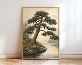 Vintage Japanese Pine Tree Wall Art – Serene Lake Landscape Aesthetic Home Decor