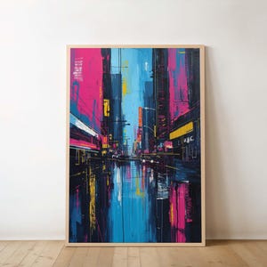 Cyberpunk City Wall Art Print – Neon Abstract Cityscape Painting, Futuristic Urban Night Street Decor, Modern Street Neon Skyline