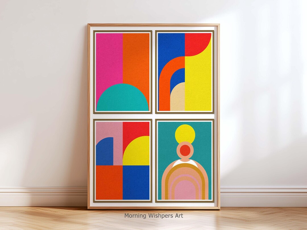 Mid Century Modern Geometric Wall Art Set of 4, Colorful Abstract Shape ...