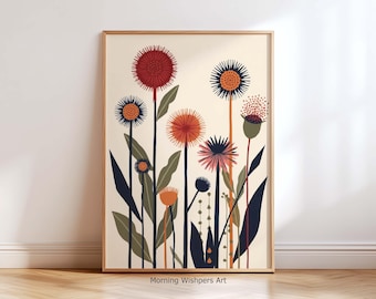 Mid Century Modern Floral Wall Art Print, Abstract Botanical Flowers Poster, Minimalist Plant Art, Boho Retro Decor, Living Room Wall Art