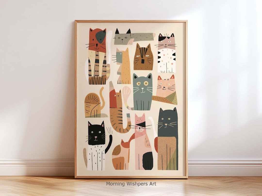 Whimsical Cat Wall Art Print – Modern Scandinavian Nursery Cat Poster ...