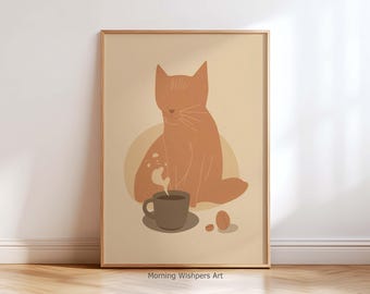 Söt kattkaffeposter – Minimalistisk estetisk kattväggkonsttryck, neutral heminredning, kökskonstgåva för kattkaffeälskare