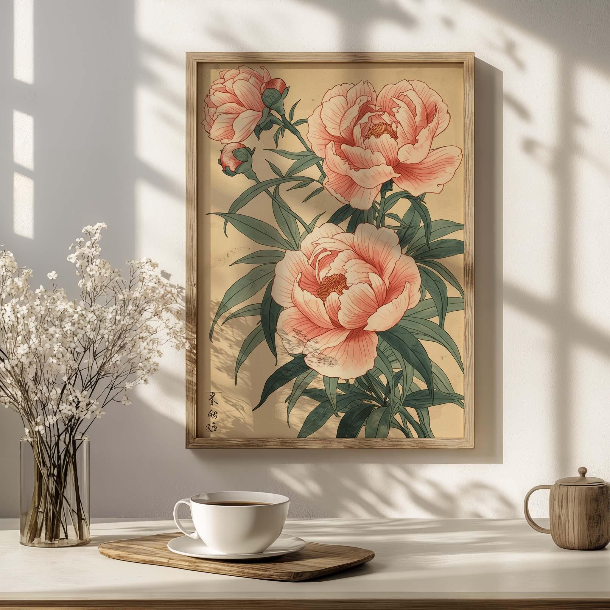 Japanese Peony Wall Art Print – Vintage Ukiyo-e Botanical Decor ...