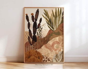 Boho Desert Cactus Wall Art Print – Earth Tone Botanical Landscape Poster for Living Room Decor