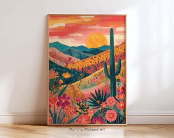Desert Sunset Wall Art Print | Cactus Landscape Painting | Boho Southwest Home Decor