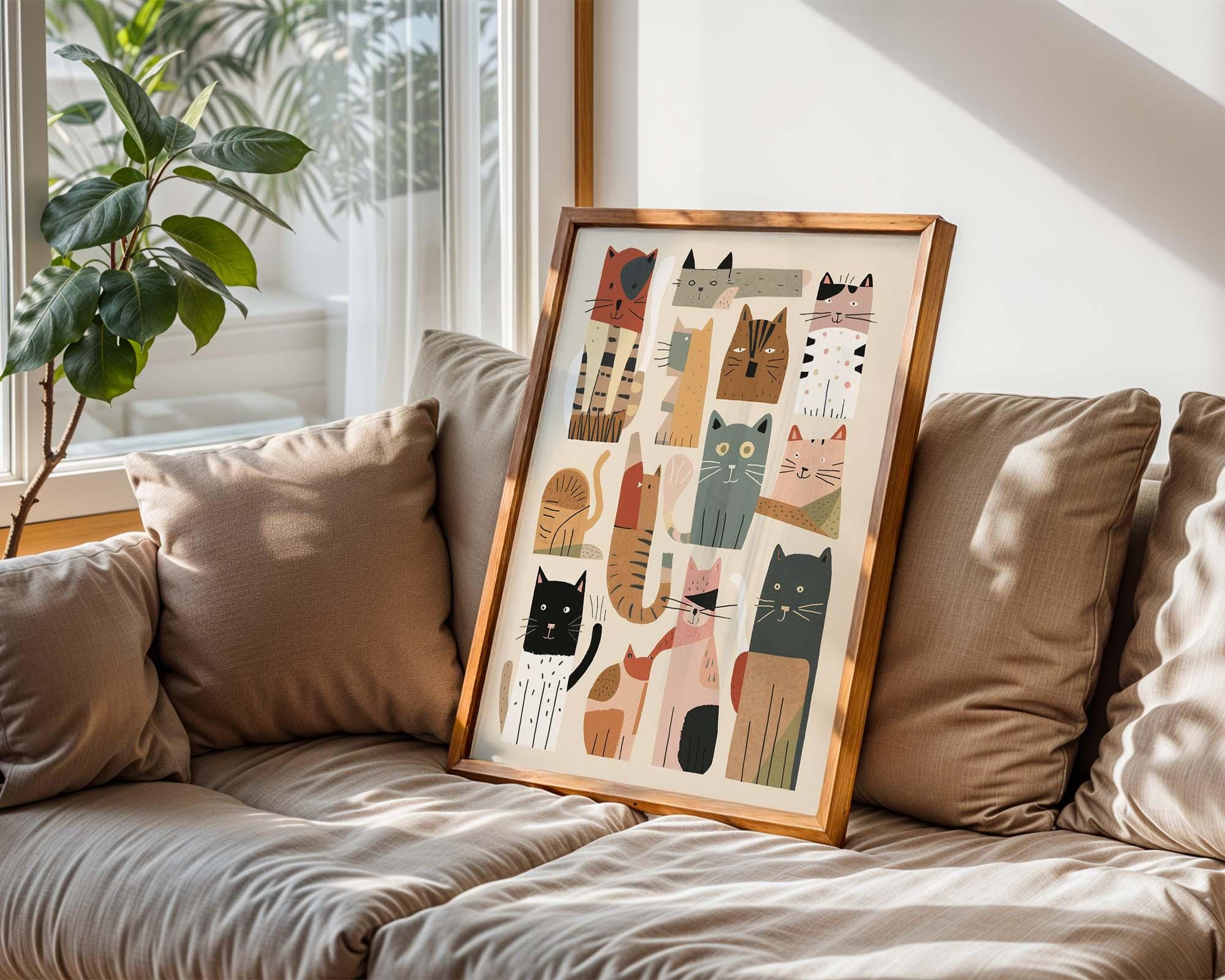 Whimsical Cat Wall Art Print – Modern Scandinavian Nursery Cat Poster ...