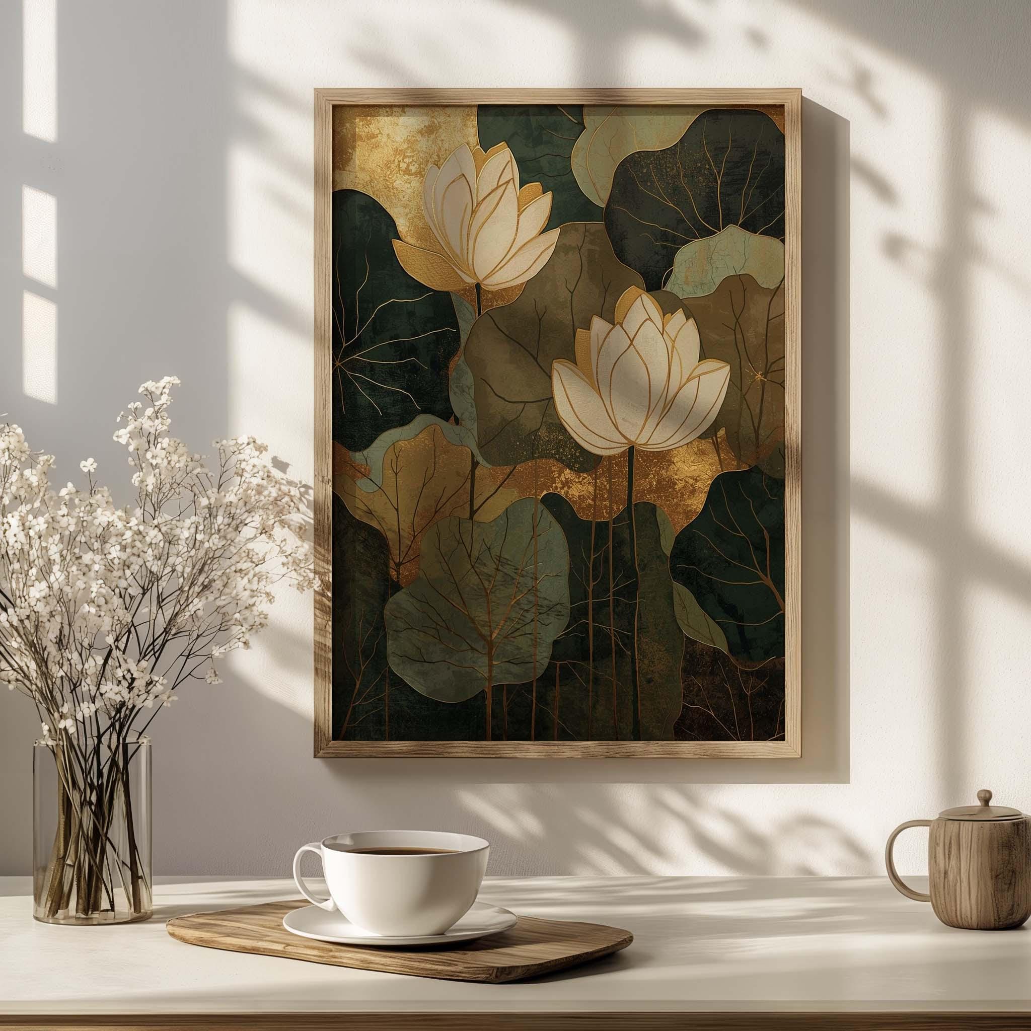 Golden Lotus Flower Wall Art Print, Modern Botanical Lotus Art Painting ...