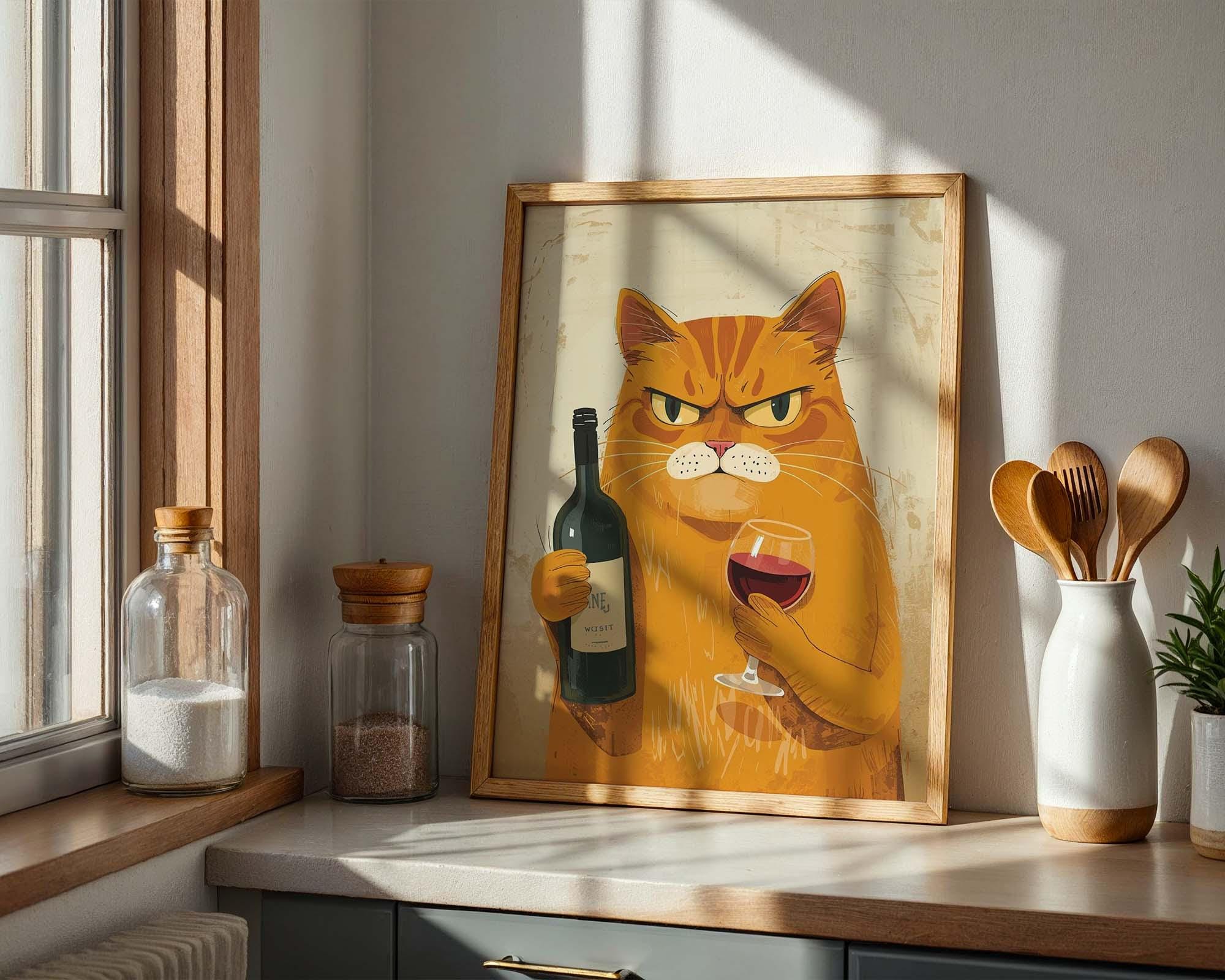 Cat Holding Wine Wall Art Print, Funny Grumpy Cat Poster, Wine Lover ...