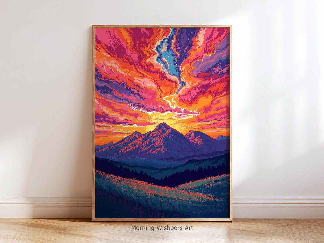 Mountain Sunset Abstract Wall Art Print – Colorful Landscape Painting ...