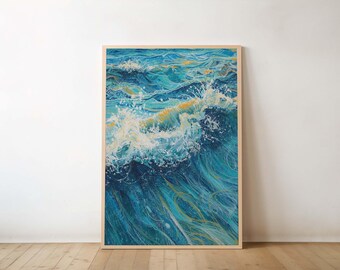 Lámina decorativa de olas del océano, pintura abstracta de paisaje marino, decoración de pared azul costero, arte playero moderno, obra de arte de salpicaduras del océano para la sala de estar