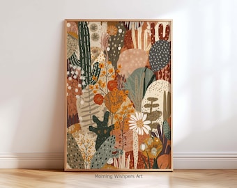 Boho Botanical Wall Art Print, Abstract Nature Poster, Earthy Desert Plant Decor for Living Room
