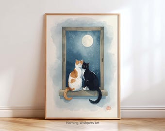 Romantic Cat Couple Poster – Moonlight Cat Wall Art Print, Cute Cat Lovers Decor, Kawaii Cat Illustration, Japanese Style Cat Art Print