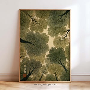 Japanese Forest Canopy Wall Art Print, Japandi Botanical Tree Poster, Green Nature Wall Decor, Zen Forest Artwork