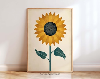 Mid Century Modern Sunflower Wall Art Print, Minimalist Floral Poster, Retro Botanical Art, Neutral Home Decor, Vintage Flower Print
