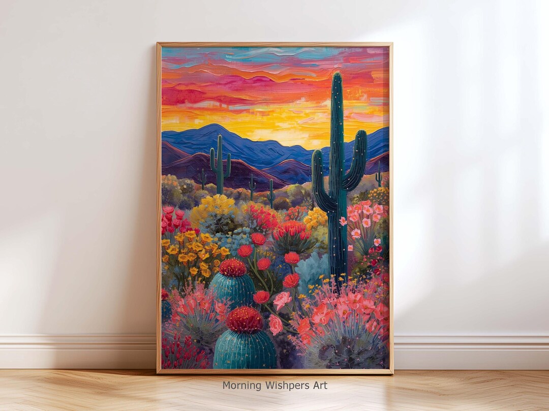 Desert Sunset Wall Art Print, Colorful Cactus Painting, Southwest ...