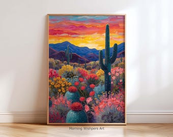 Desert Sunset Wall Art Print, Colorful Cactus Painting, Southwest Landscape Artwork, Vibrant Boho Home Decor