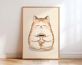 Minimalistisk väggkonst med kattkaffe – söt kattillustration, nordisk köksinredning, modern kattaffisch, mysig kaffebartryck, kattkonstgåva