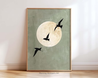 Japandi Moon Wall Art Print – Minimalist Birds Poster, Neutral Aesthetic Nature Print, Modern Boho Home Decor, Physical Art Print