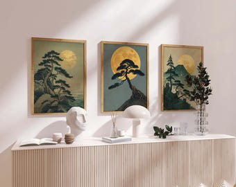 3 Set Japanese Moonlit Pine Tree Wall Art Print – Japan Vintage Landscape Painting Decor Poster, Japandi Wall Art Gift