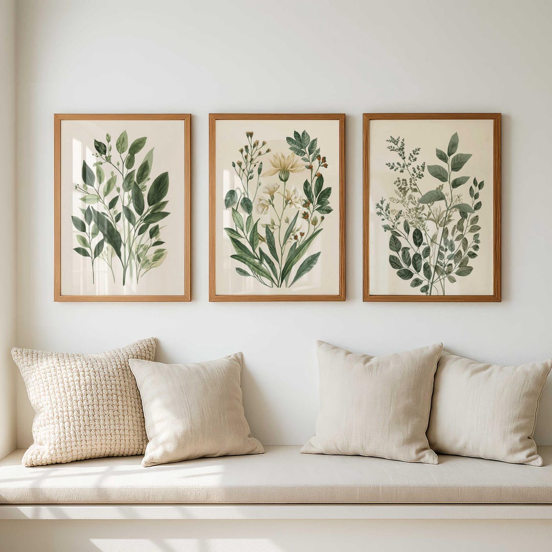 Sage Green Botanical Wall Art Set of 3, Neutral Floral Prints, Vintage ...
